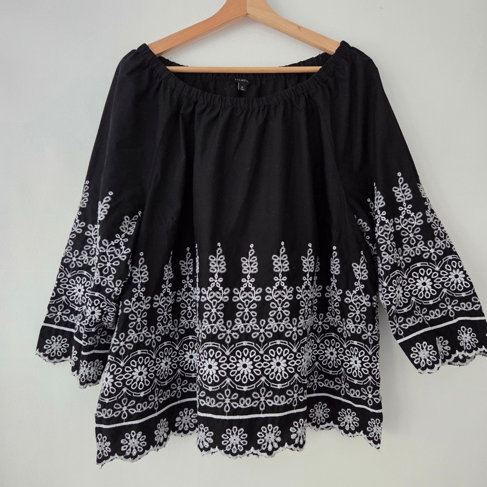 Talbots Blouse Black Eyelet Embroidered Off Shoulder Peasant Women XL